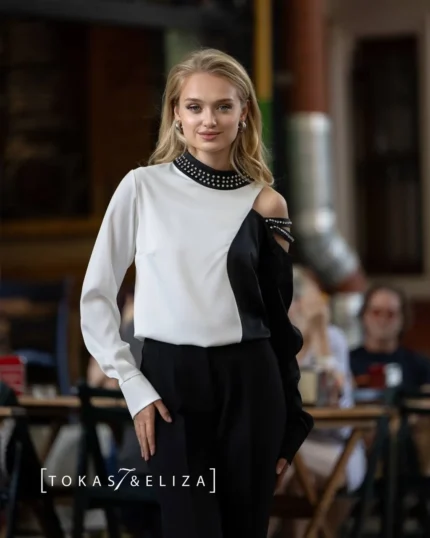 Maniouk Roman Blouse with Embellished Neckline