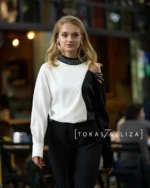 Maniouk Roman Blouse with Embellished Neckline