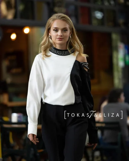 Maniouk Roman Blouse with Embellished Neckline